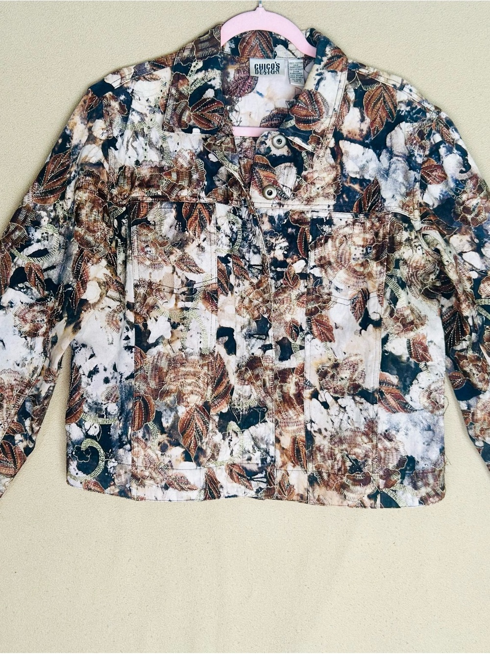 Chico's Floral Print Jean Jacket in Brown Cream & Black Size 12 100% Cotton